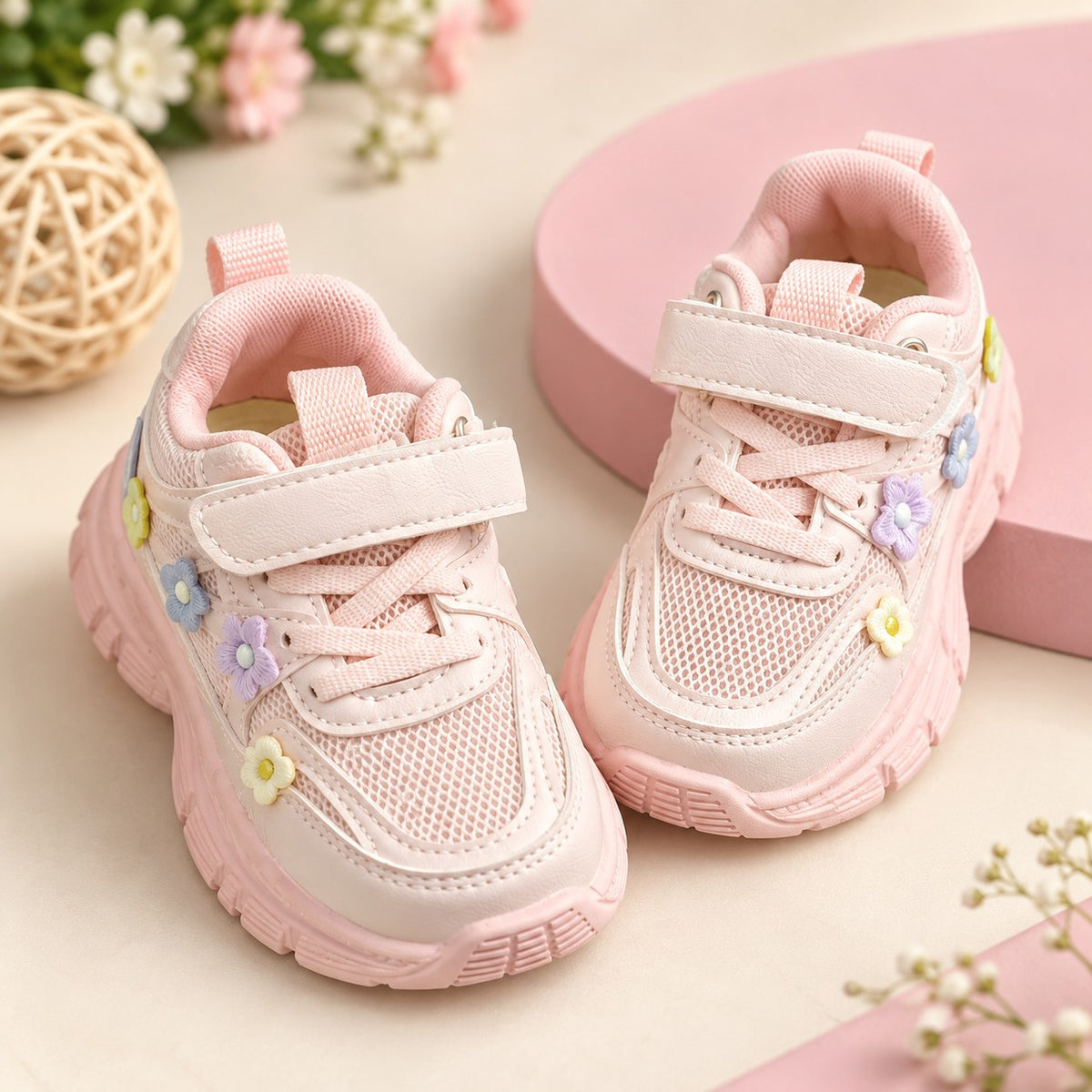 Smile Baby pink girls sneakers with floral flower details and Velcro strap