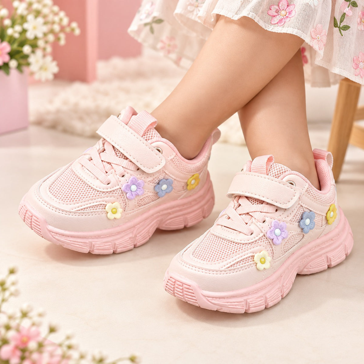Smile Baby pink girls sneakers close-up with breathable mesh upper and flower details