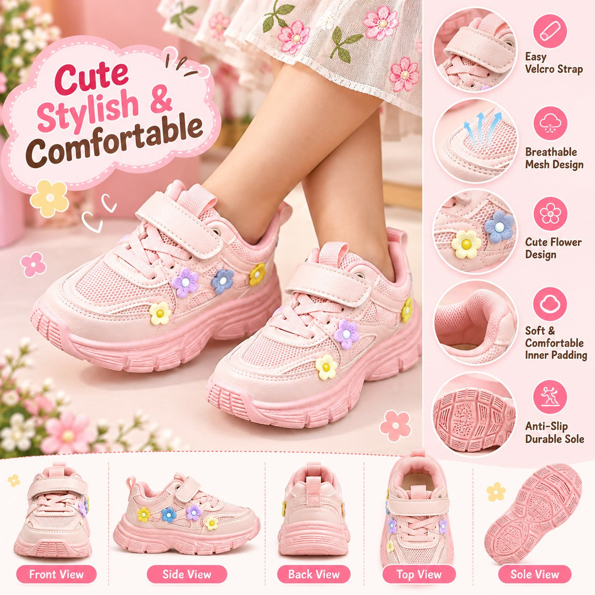 Smile Baby pink girls sneakers with cushioned anti-slip sole and floral design