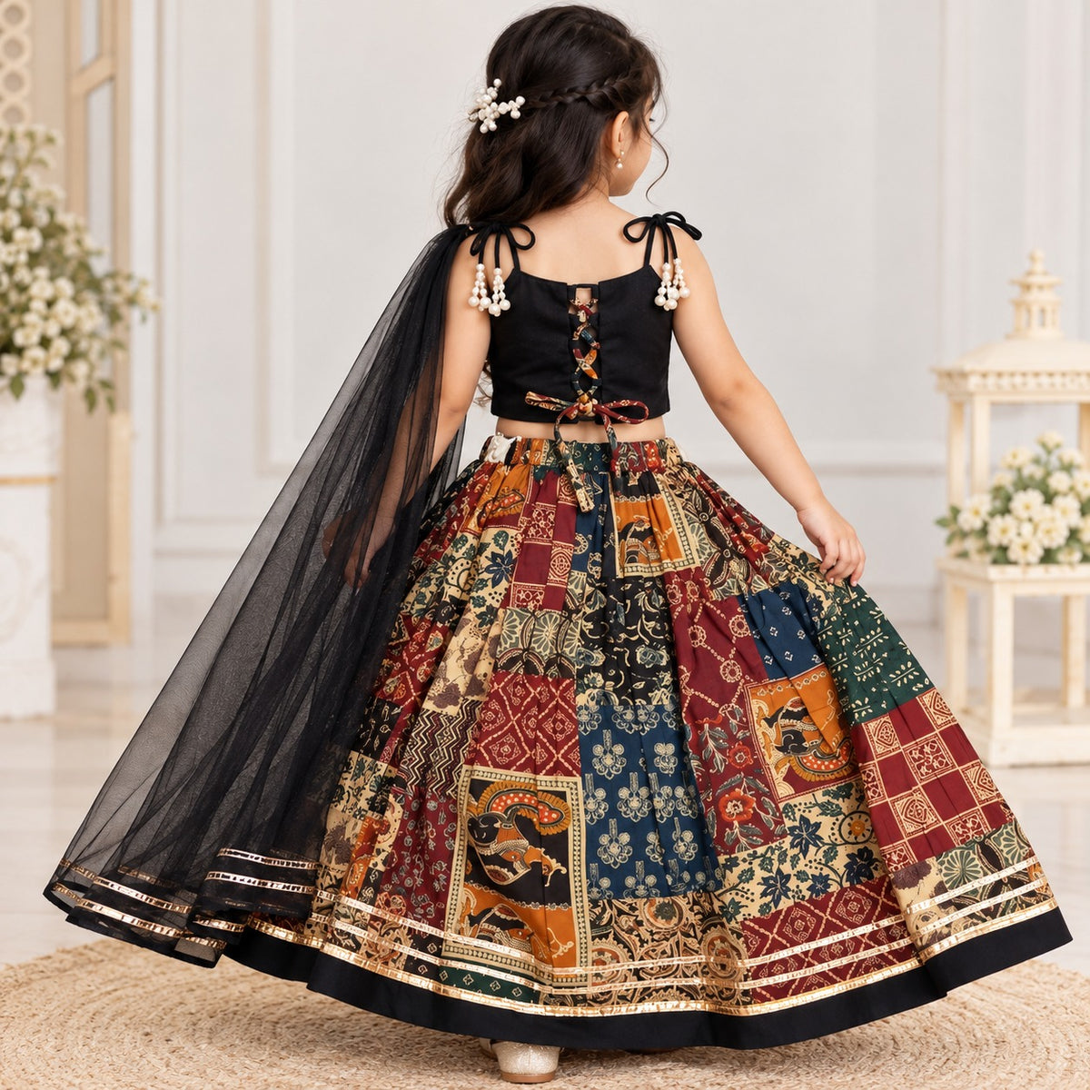 Smile Baby girls black embroidered crop top printed lehenga set with dupatta back view