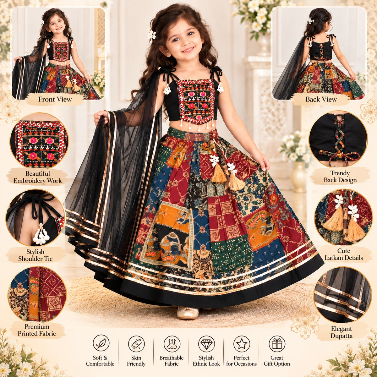 Smile Baby girls black lehenga set product details with embroidery tassels dupatta and printed fabric