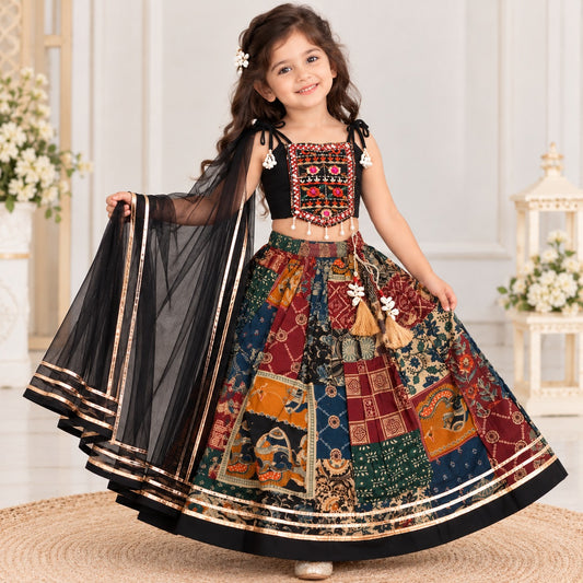 Smile Baby girls black embroidered crop top printed lehenga set with dupatta front view