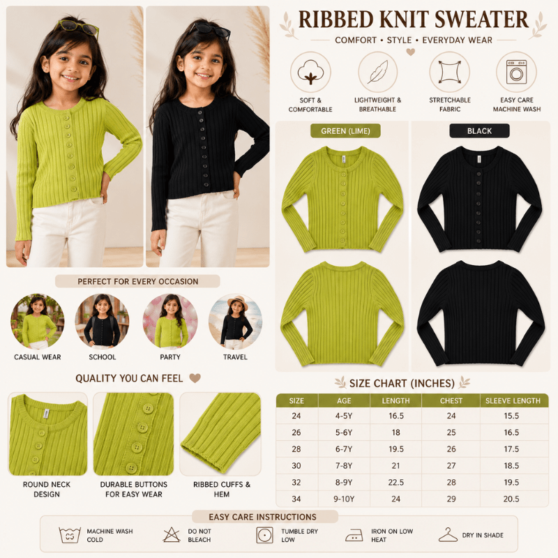 Smile Baby Girls Ribbed Knit Round Neck Full Sleeve Sweater | Stylish Button-Detail Winter Wear - SMILE BABY