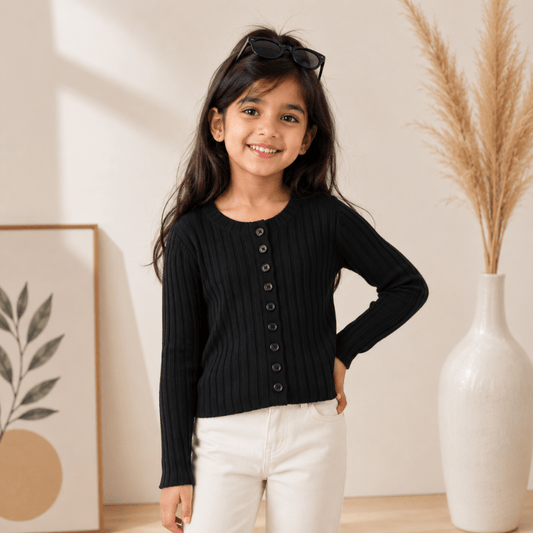 Smile Baby Girls Ribbed Knit Round Neck Full Sleeve Sweater | Stylish Button-Detail Winter Wear - SMILE BABY
