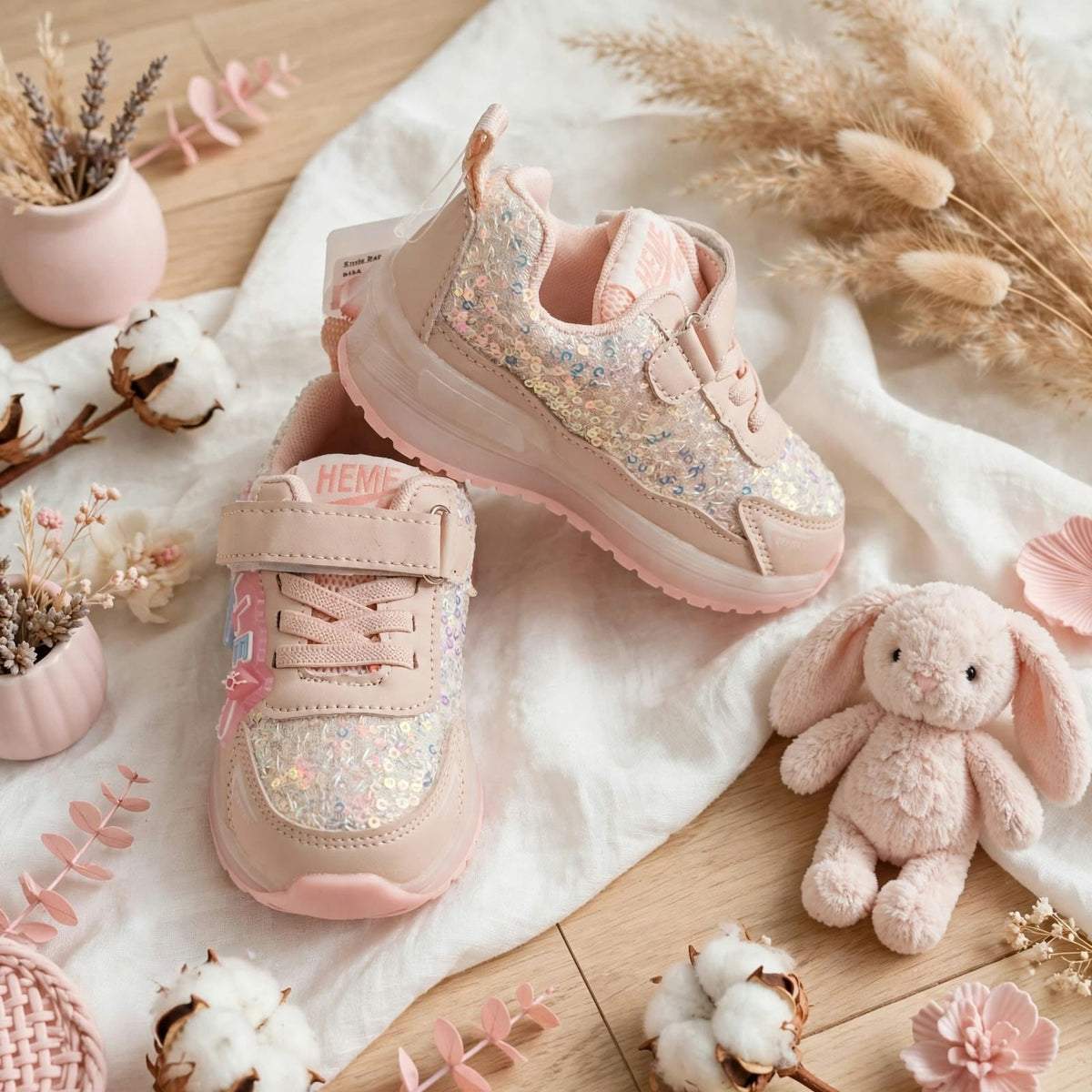 Smile Baby pink glitter girls sneakers product pair with soft cushioned sole