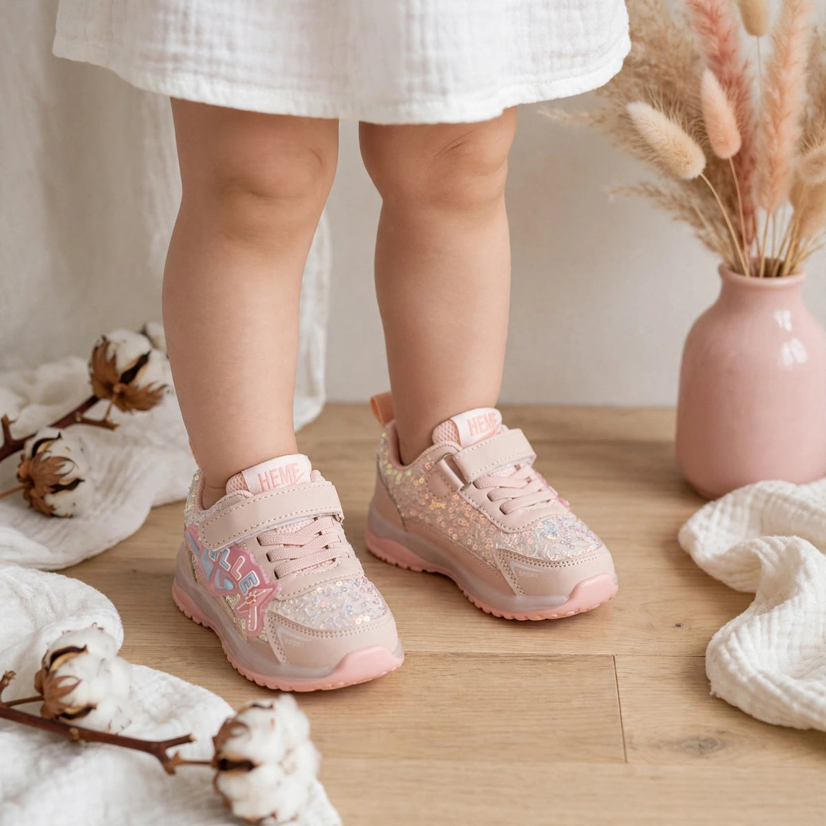 Smile Baby pink girls sneakers worn by child with Velcro strap