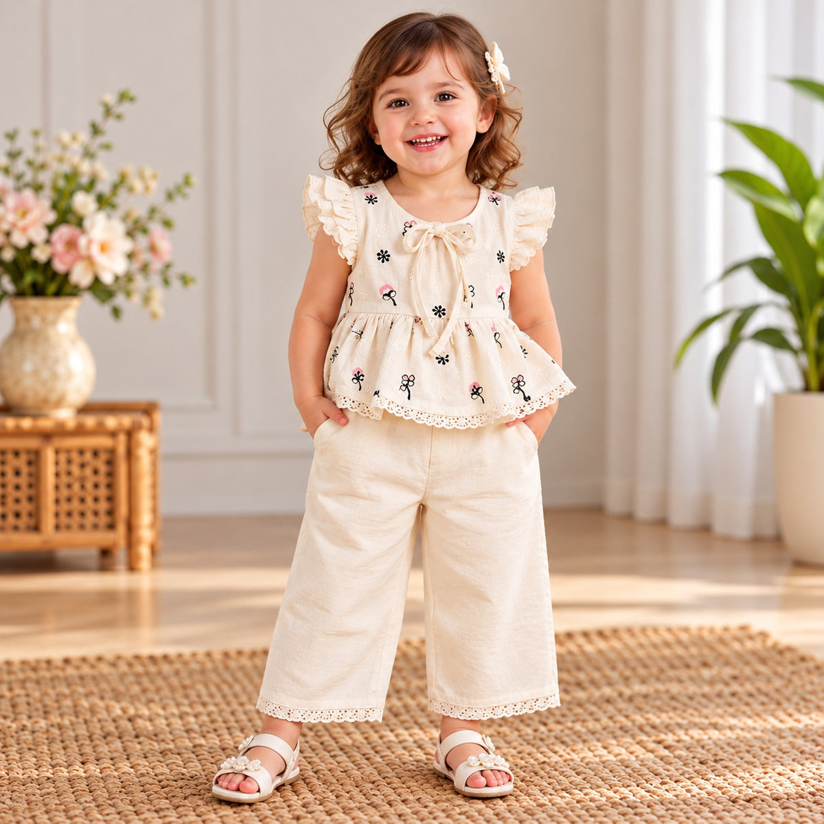 Smile Baby girls cream floral two piece top and wide leg pants set front view with ruffle sleeves and lace trim
