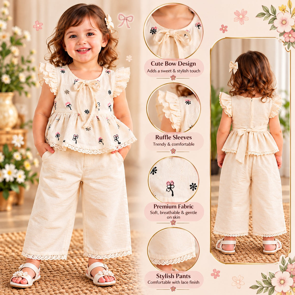 Smile Baby girls cream two piece outfit back view with bow waist tie and lace trim