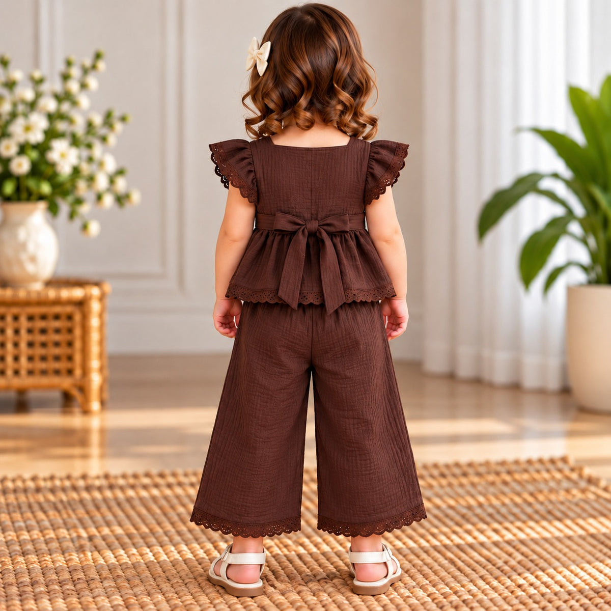 Smile Baby girls brown two piece top and wide leg pants set back view with waist bow and lace trim