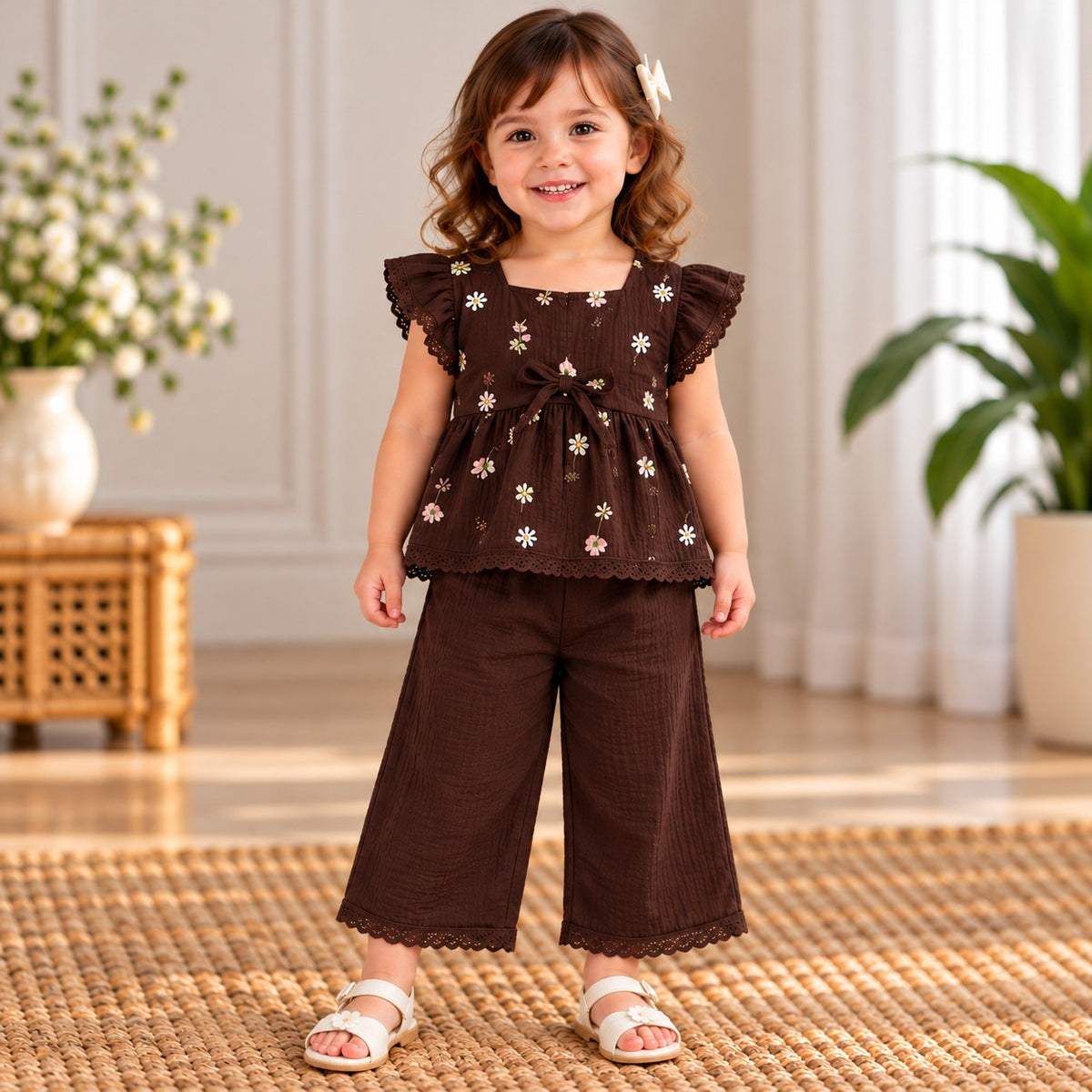 Smile Baby girls brown floral two piece outfit front view with ruffle sleeves and lace details