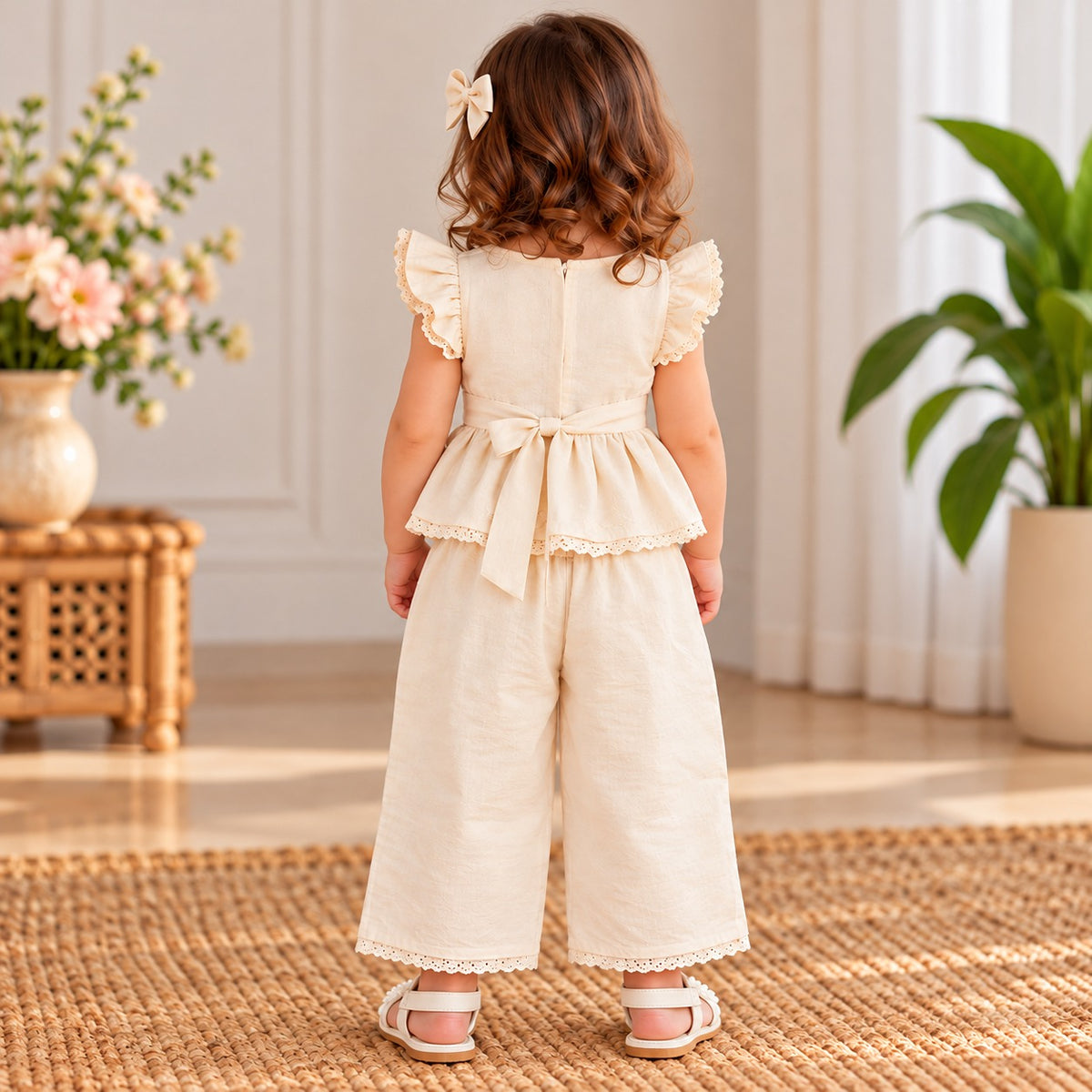 Smile Baby girls cream floral two piece set product infographic showing bow design, ruffle sleeves, fabric and lace hem