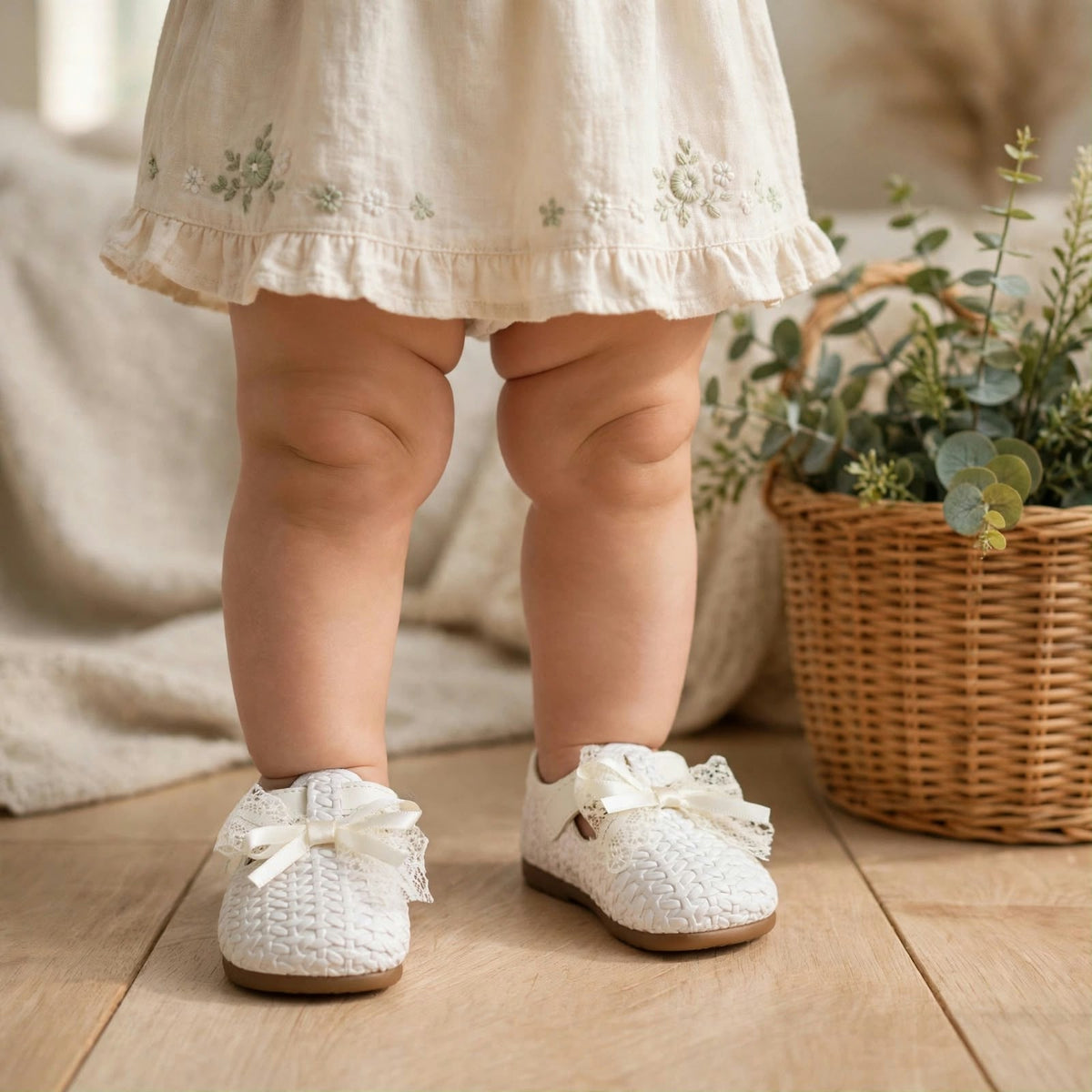 Smile Baby white girls shoes worn by baby with elegant lace bow