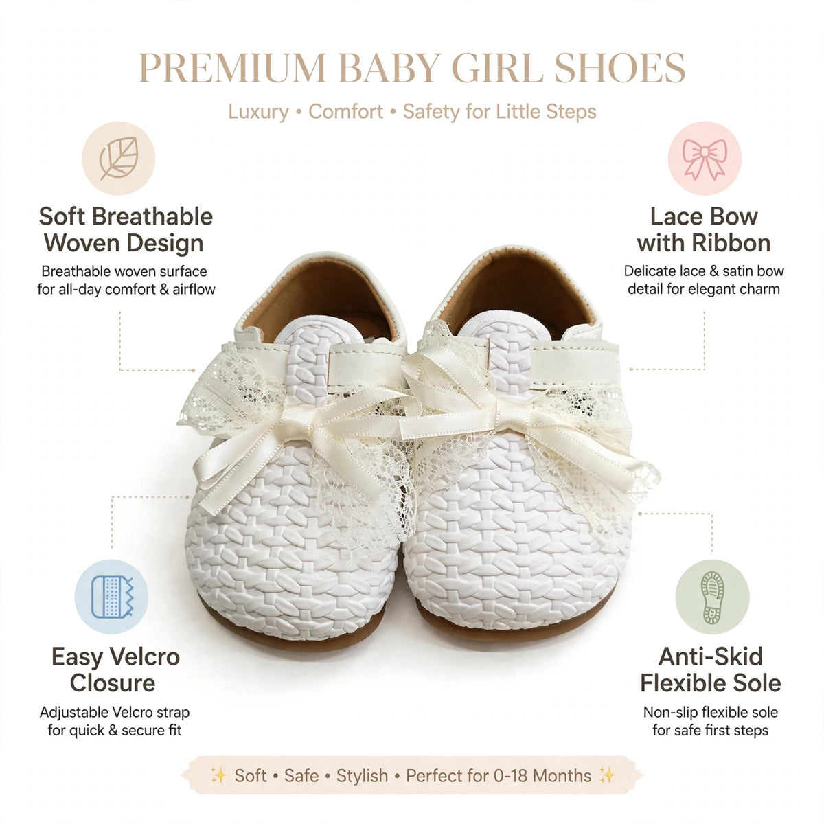 Smile Baby white girls woven shoes with lace bow and Velcro strap