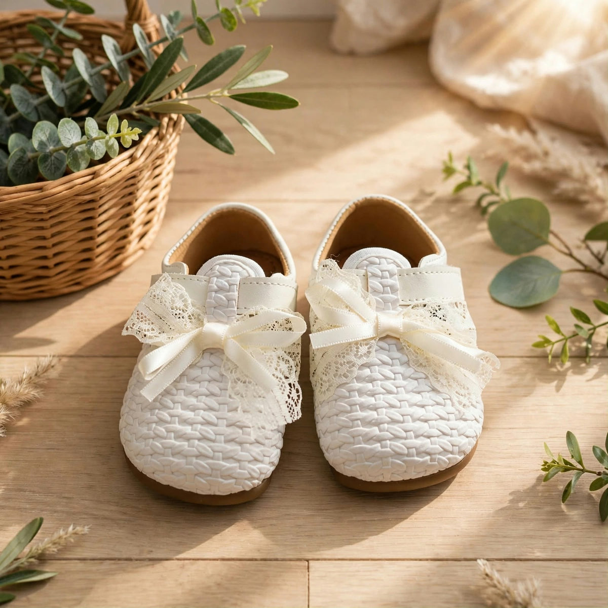 Smile Baby white girls woven shoes pair with lace bow detail