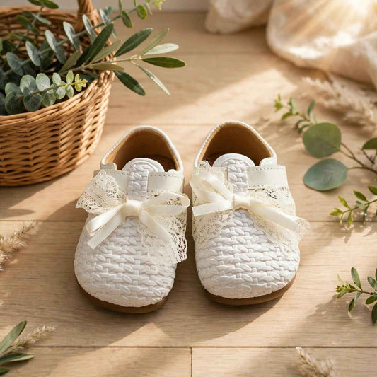 Smile Baby Girls White Woven Shoes with Lace Bow
