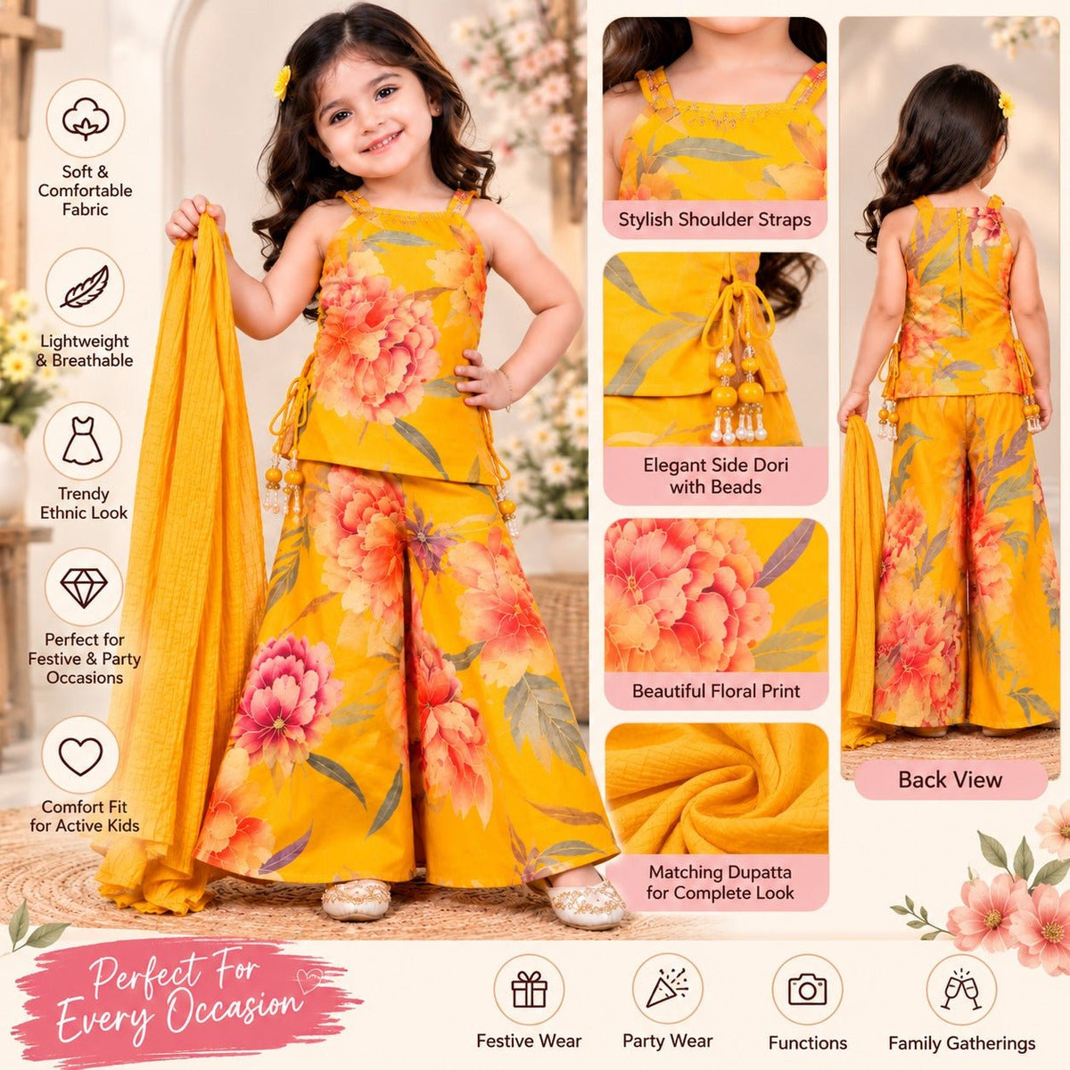 Smile Baby Girls Yellow Floral Ethnic Peplum Top Palazzo Set with Dupatta - SMILE BABY