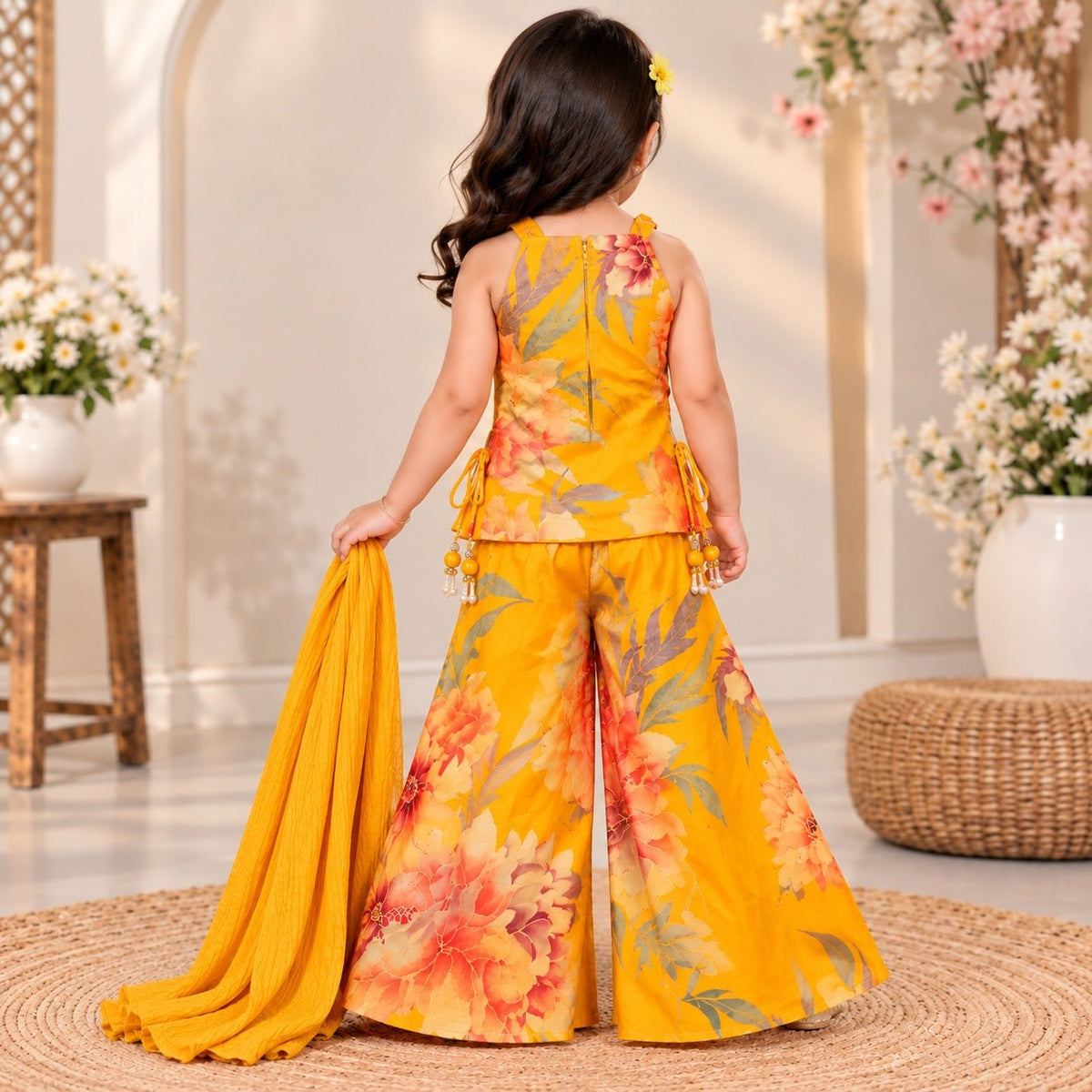 Smile Baby Girls Yellow Floral Ethnic Peplum Top Palazzo Set with Dupatta - SMILE BABY