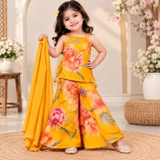 Smile Baby Girls Yellow Floral Ethnic Peplum Top Palazzo Set with Dupatta - SMILE BABY
