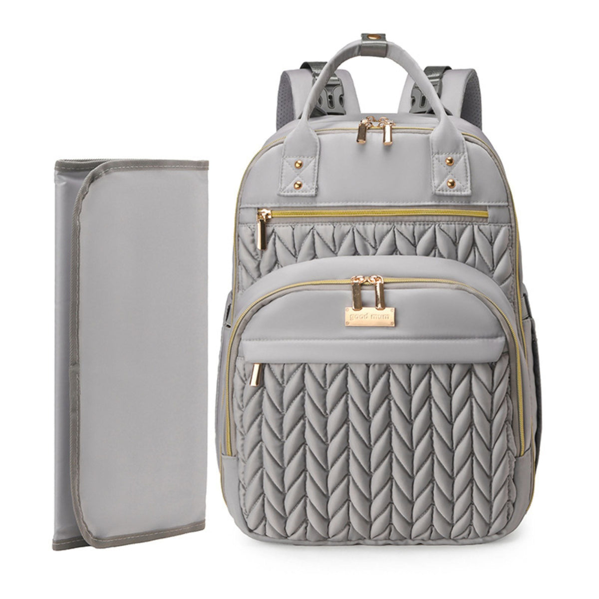Smile Baby Good Mum quilted baby diaper backpack in grey with changing mat