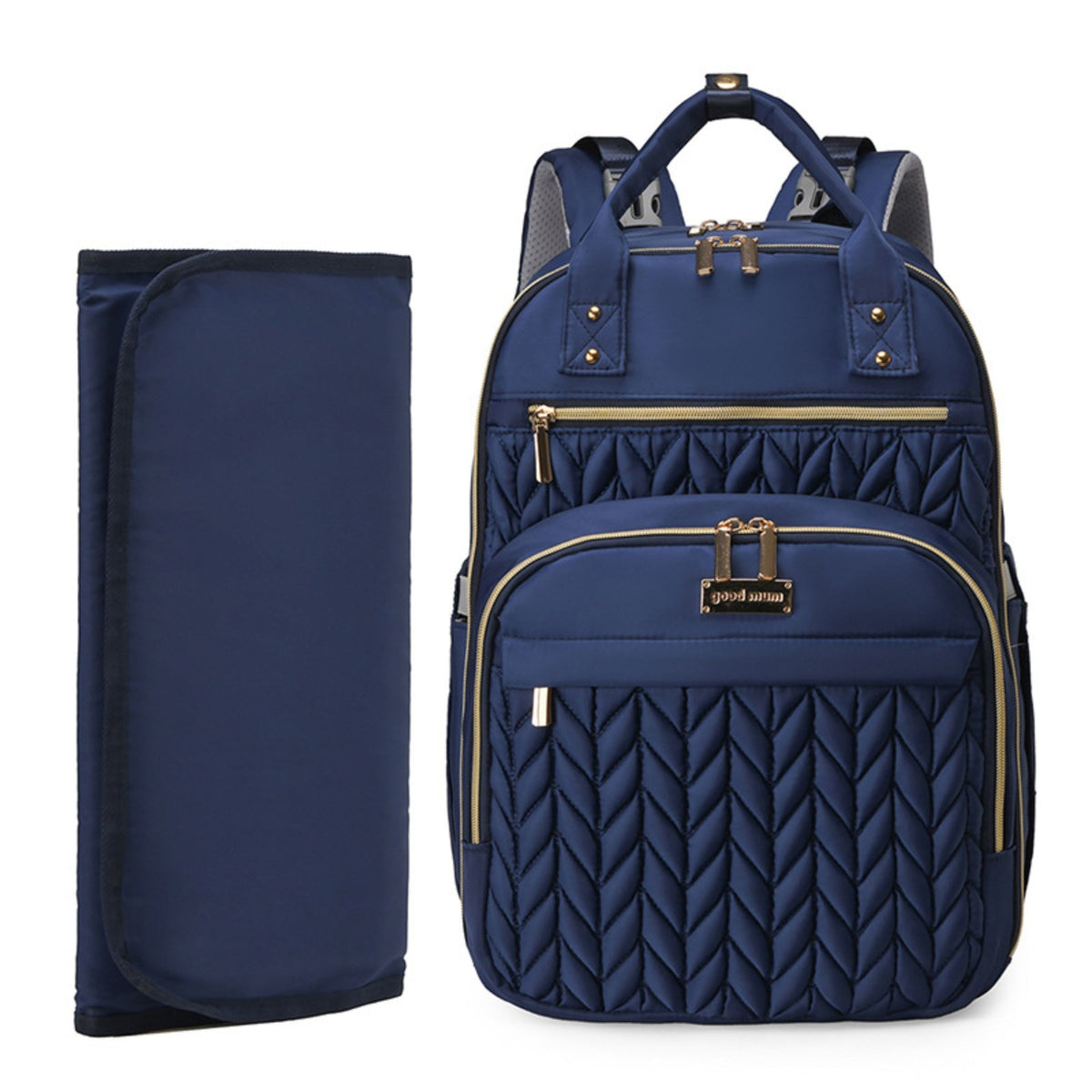 Smile Baby Good Mum quilted baby diaper backpack in navy blue with changing mat