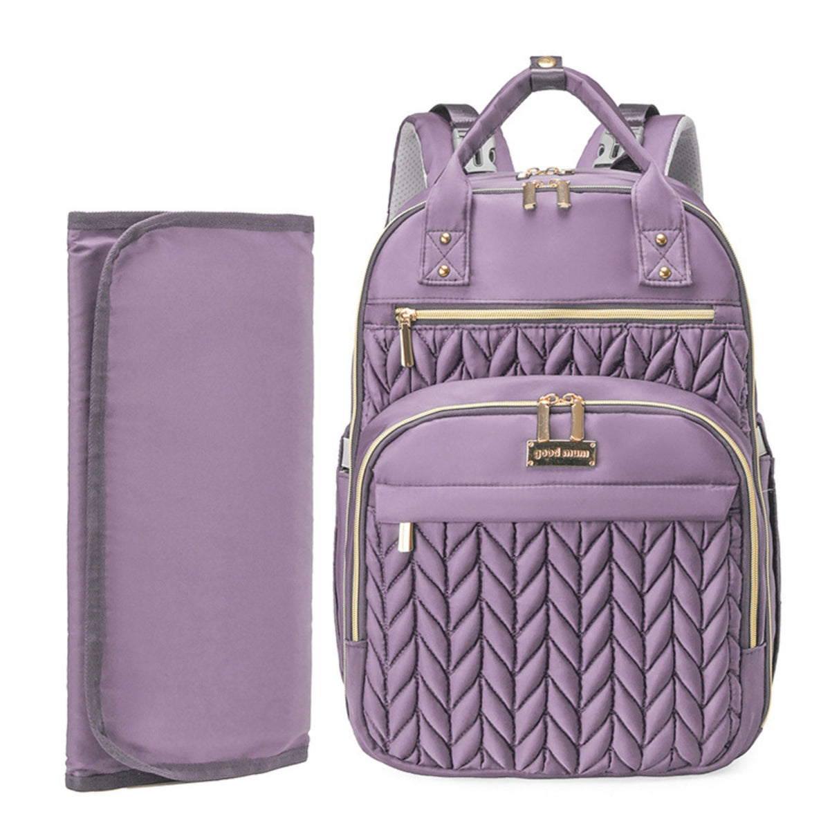 Smile Baby Good Mum quilted baby diaper backpack in purple with changing mat