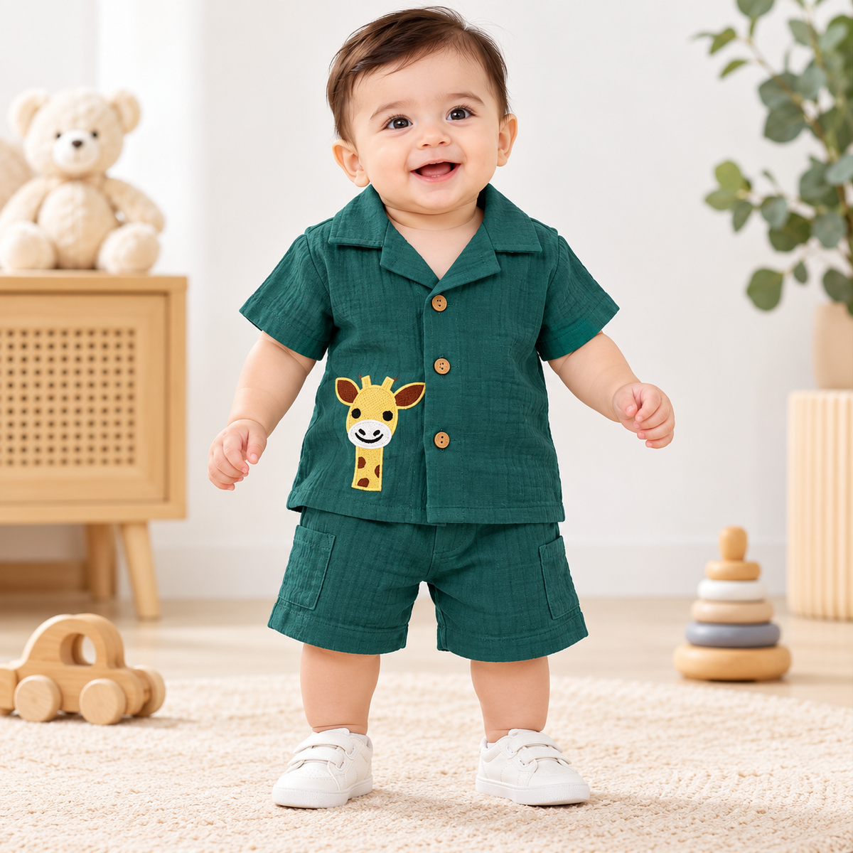 Smile Baby baby boy shirt and shorts set product infographic with front and back views