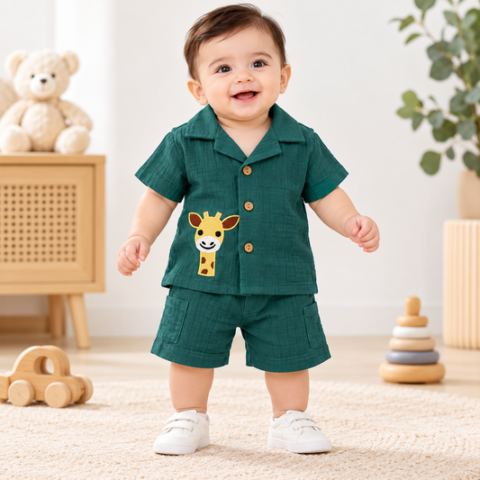 Smile Baby baby boy shirt and shorts set product infographic with front and back views