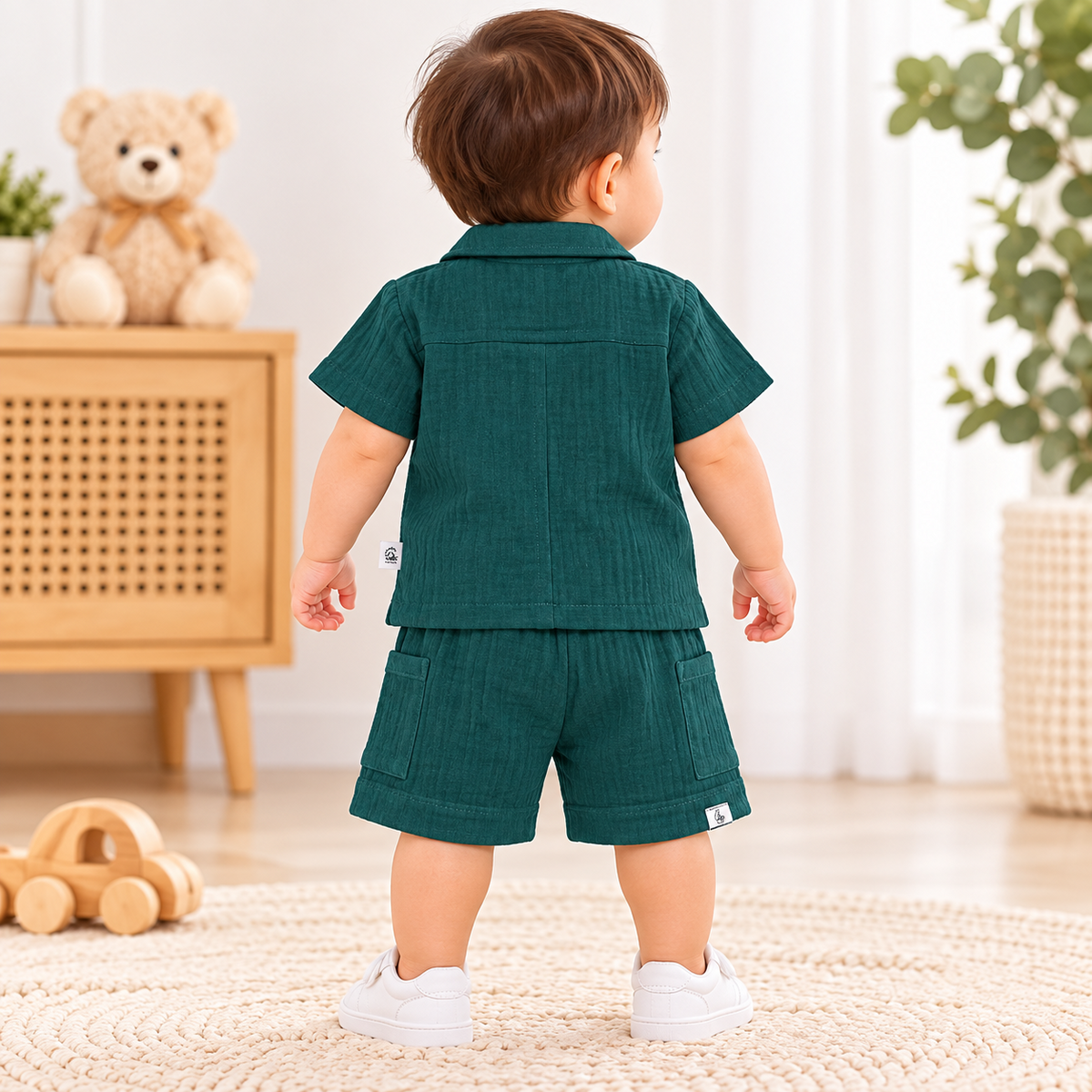 Smile Baby green shirt and shorts set for baby boys, back view