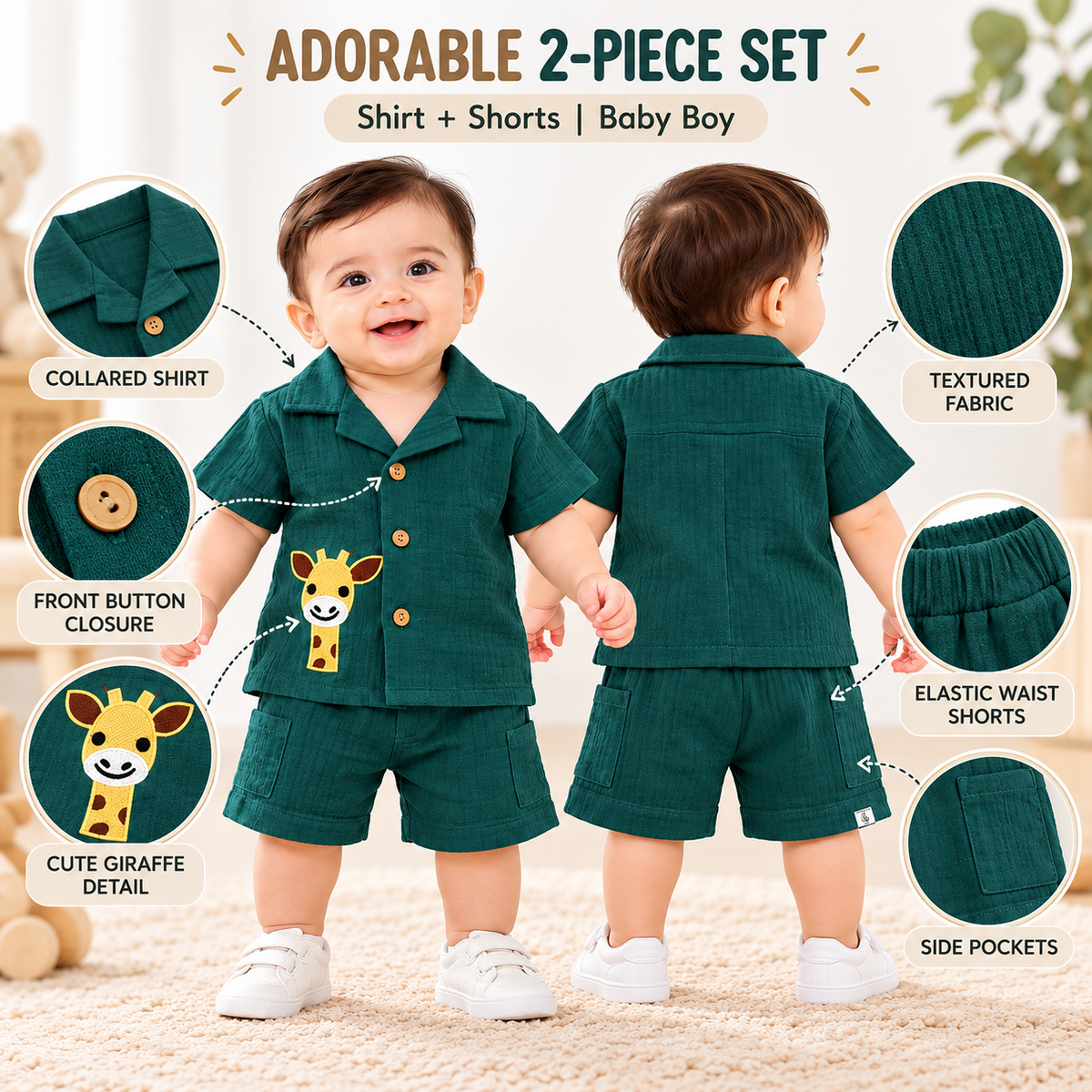 Smile Baby green shirt and shorts set for baby boys, front view