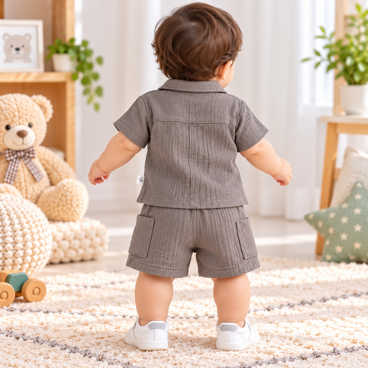 Smile Baby grey Muslin shirt and shorts set for baby boys, back view