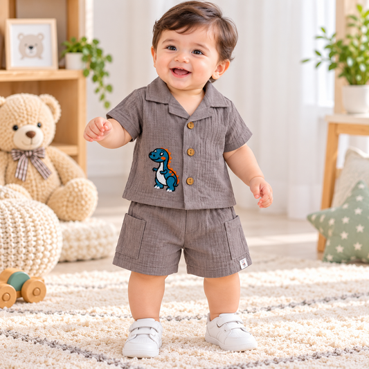 Smile Baby grey Muslin shirt and shorts set for baby boys, front view with dinosaur embroidery