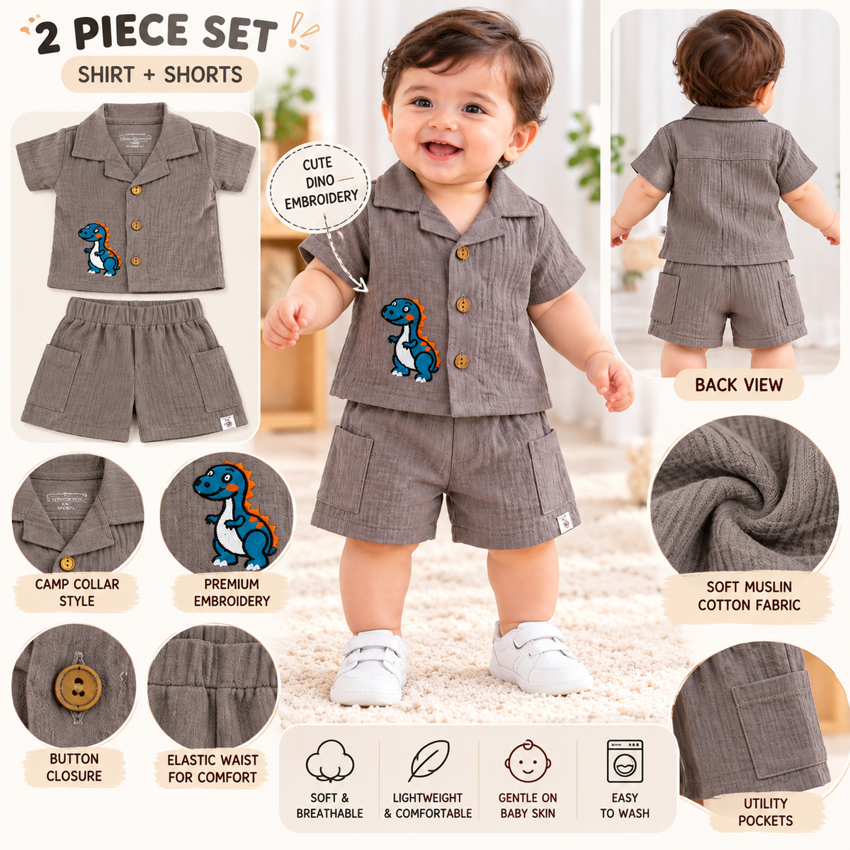 Smile Baby grey shirt and shorts set for baby boys with cute dinosaur embroidery, front and back views