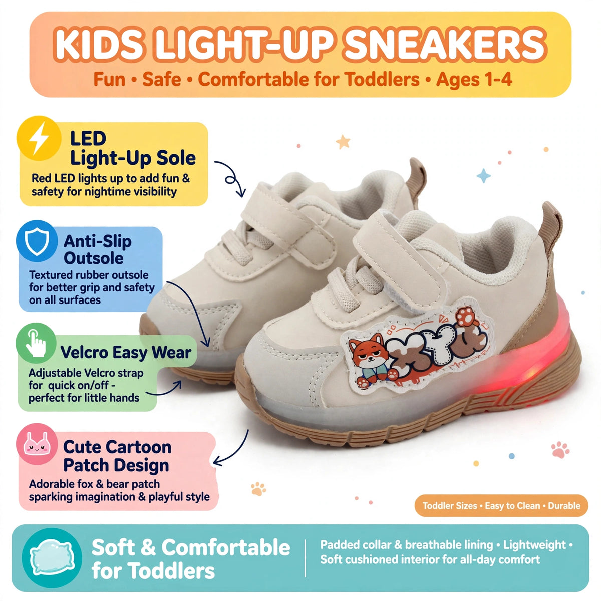 Smile Baby kids light-up sneakers with LED sole, anti-slip outsole and easy Velcro strap