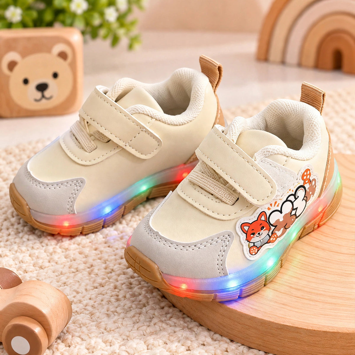 Smile Baby boys white brown LED light-up sneakers with fox and bear cartoon patch