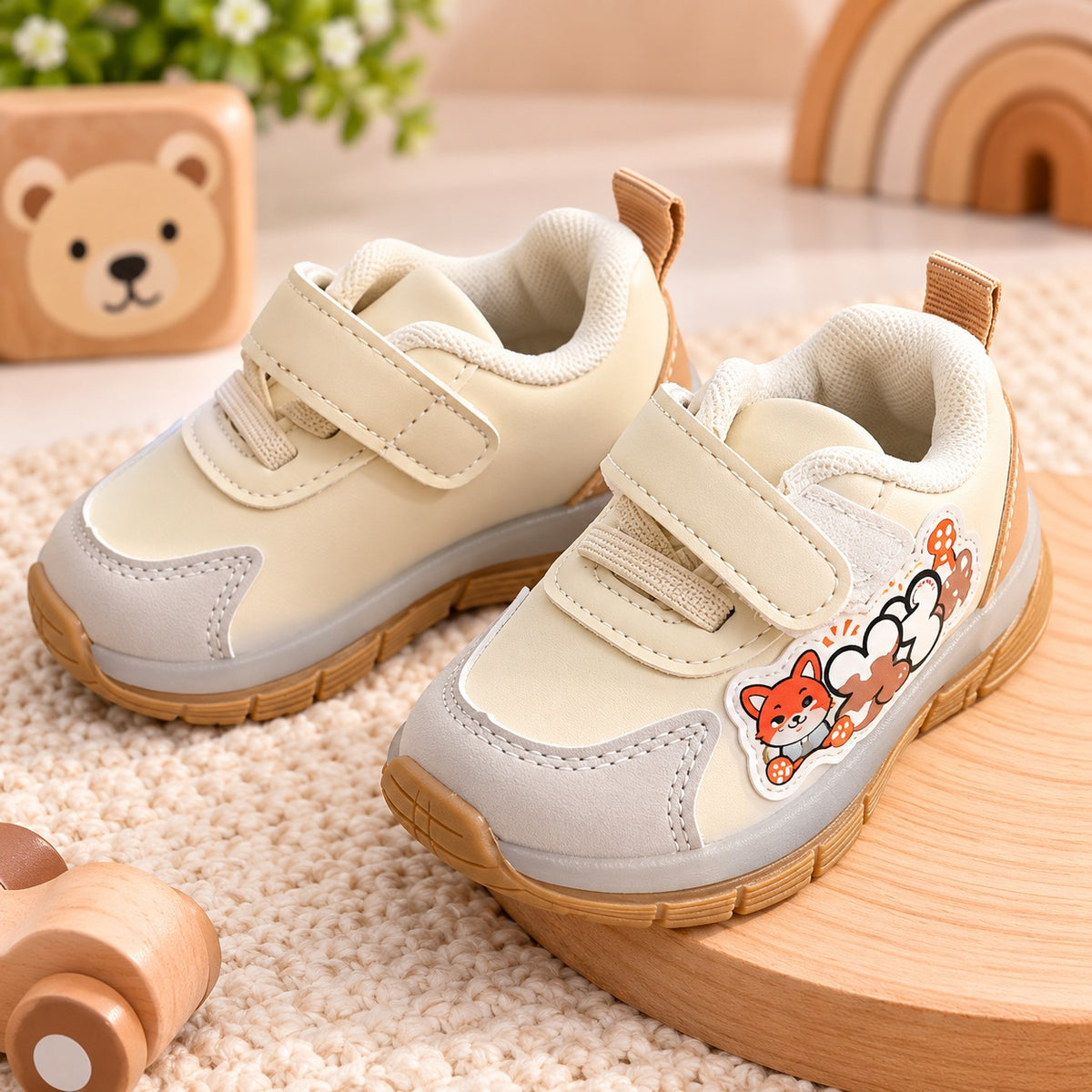 Smile Baby boys white brown sneakers with anti-slip rubber outsole and Velcro strap