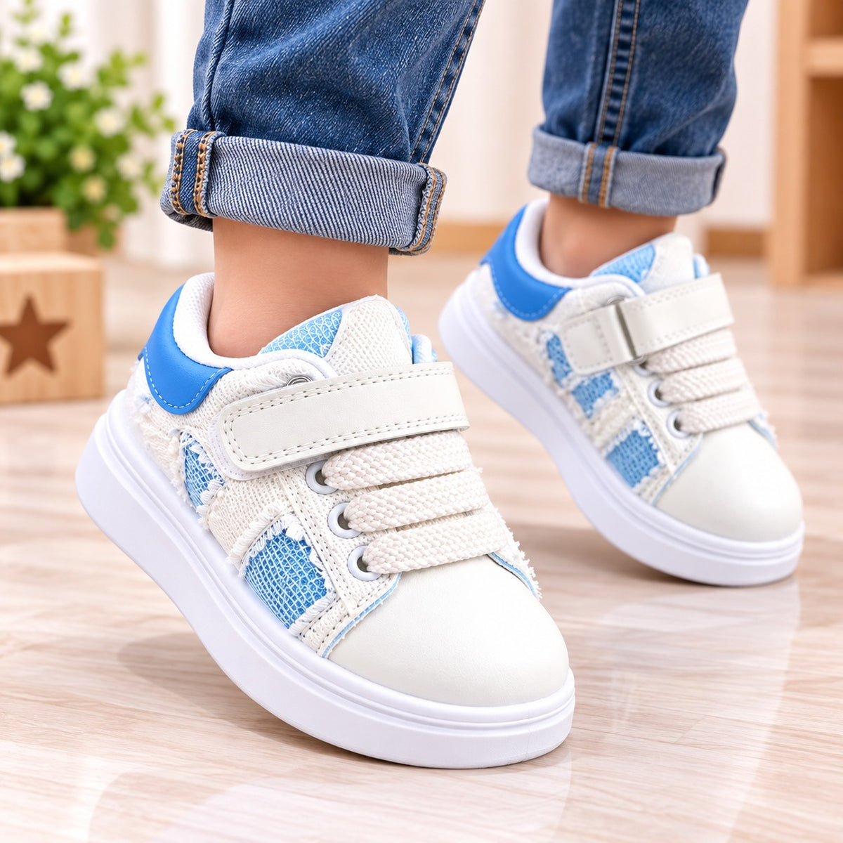 Smile Baby blue and white kids sneakers worn by child