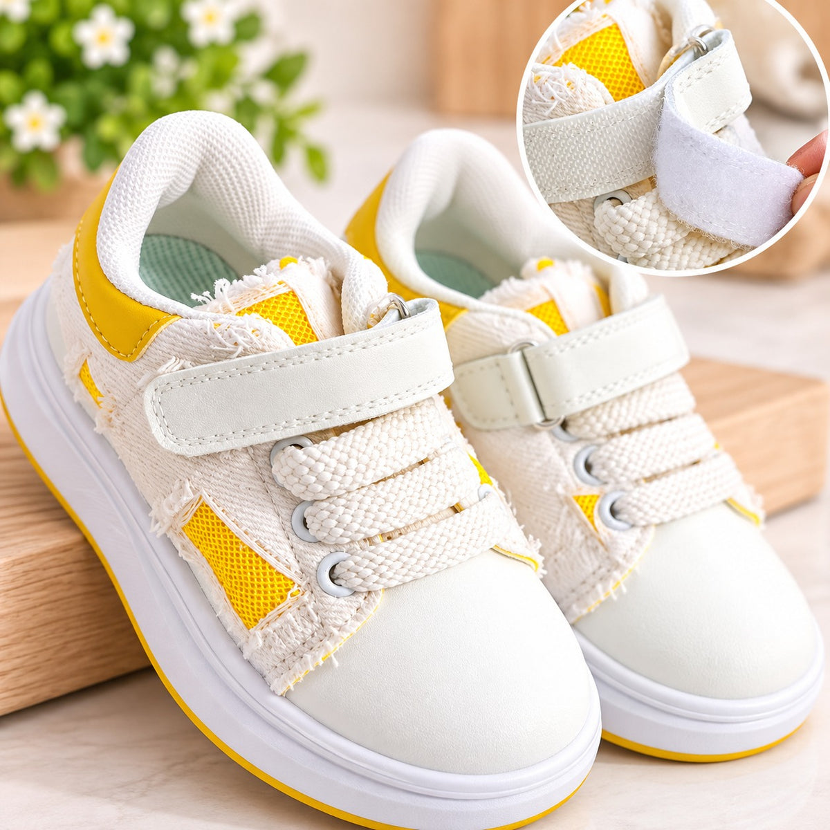 Smile Baby yellow white kids sneakers close-up with adjustable Velcro strap
