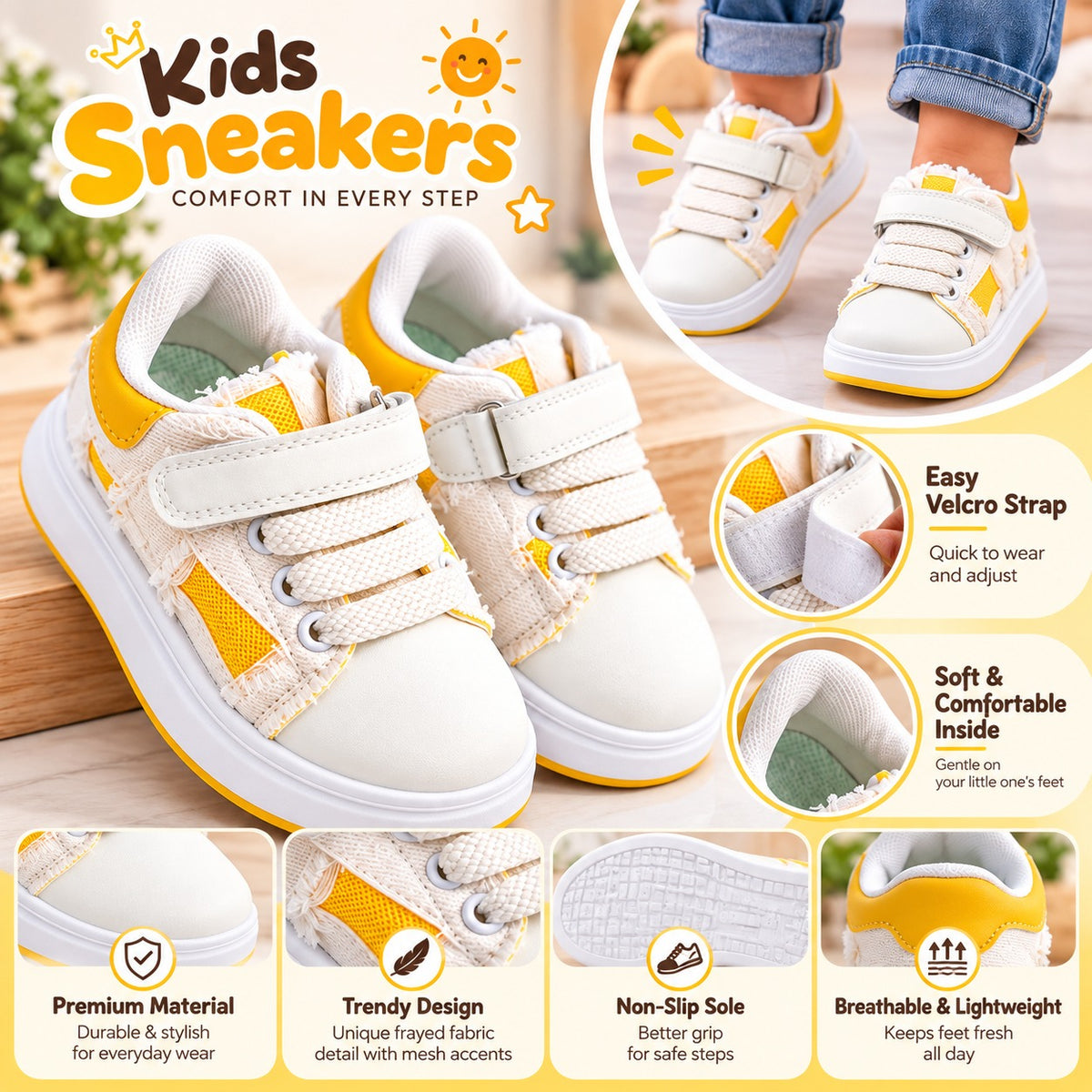 Smile Baby kids yellow sneakers feature image with soft inside and non-slip sole