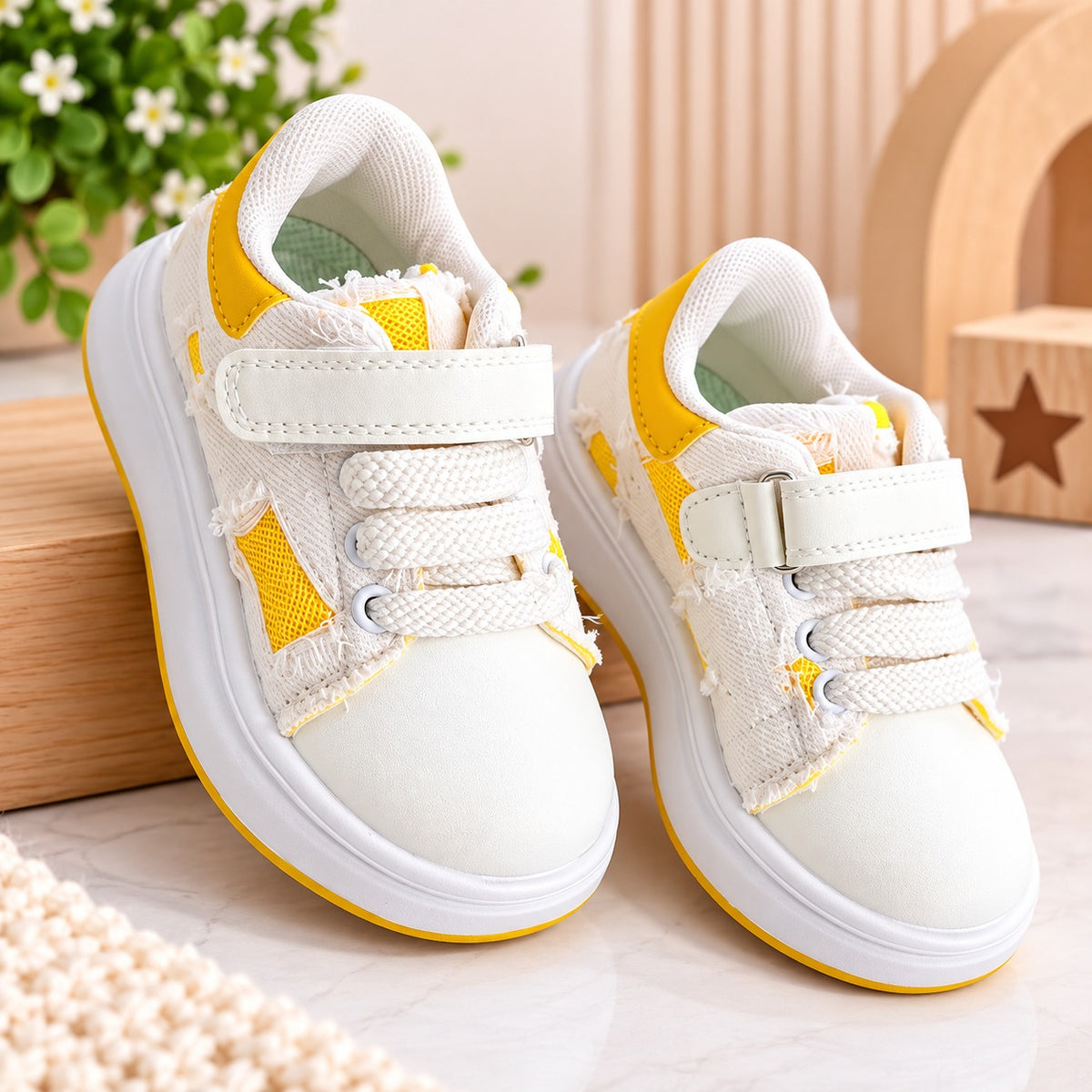 Smile Baby kids sneakers in yellow and white with easy Velcro strap
