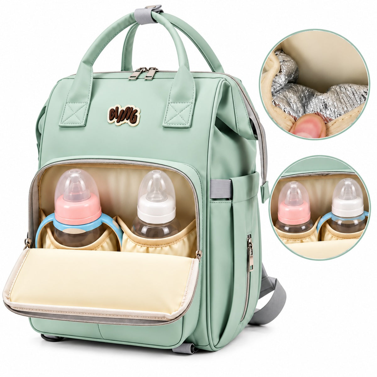 Smile Baby MING baby diaper backpack in green with insulated bottle pocket