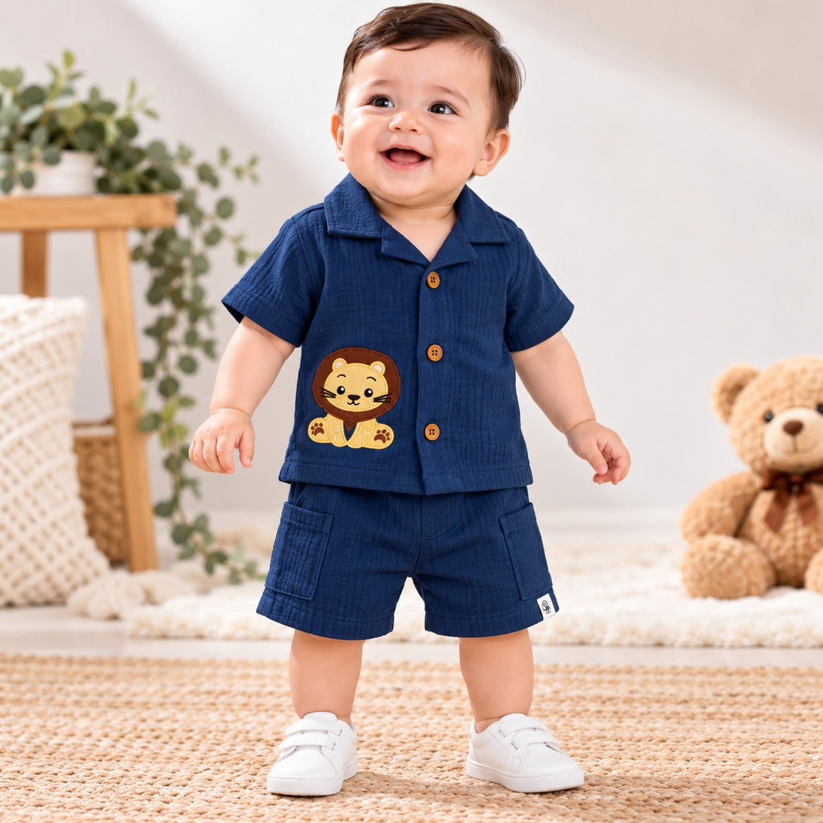 Smile Baby navy shirt and shorts set for baby boys, front view with lion embroidery