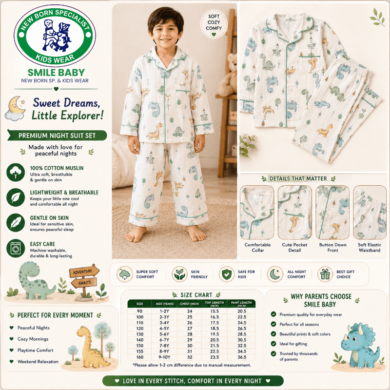 Smile Baby Premium Cotton Muslin Dinosaur Print Night Suit Set for Boys | Full Sleeve Shirt & Pajama - SMILE BABY