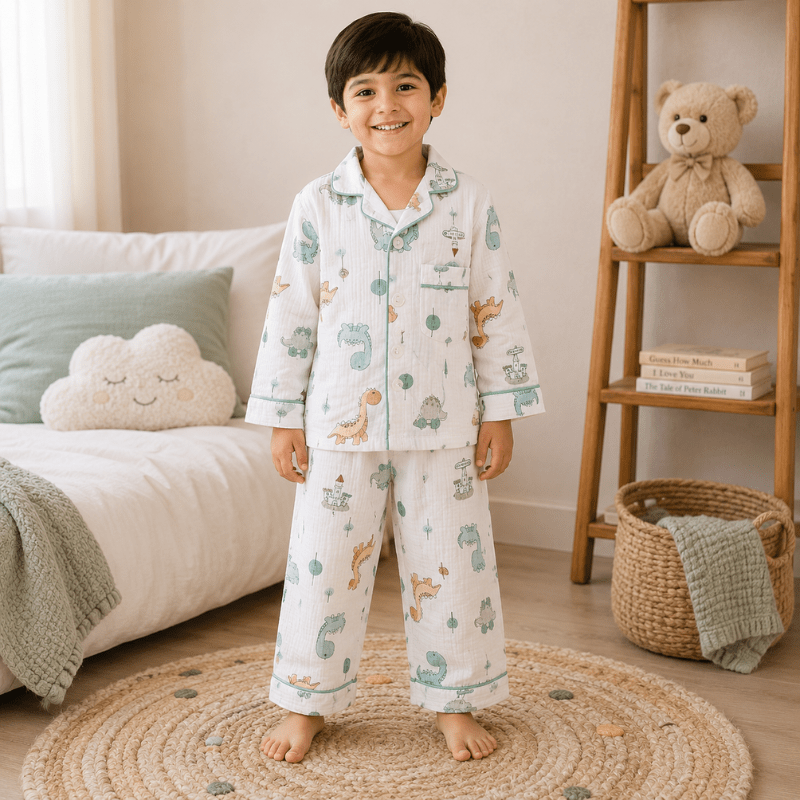 Smile Baby Premium Cotton Muslin Dinosaur Print Night Suit Set for Boys | Full Sleeve Shirt & Pajama - SMILE BABY