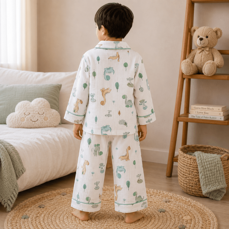 Smile Baby Premium Cotton Muslin Dinosaur Print Night Suit Set for Boys | Full Sleeve Shirt & Pajama - SMILE BABY