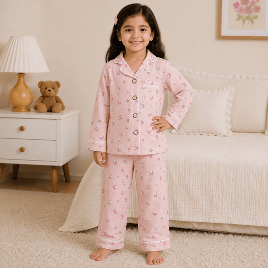 Smile Baby Premium Cotton Muslin Pink Flower Print Night Suit Set for Girls | Full Sleeve Shirt & Pajama - SMILE BABY
