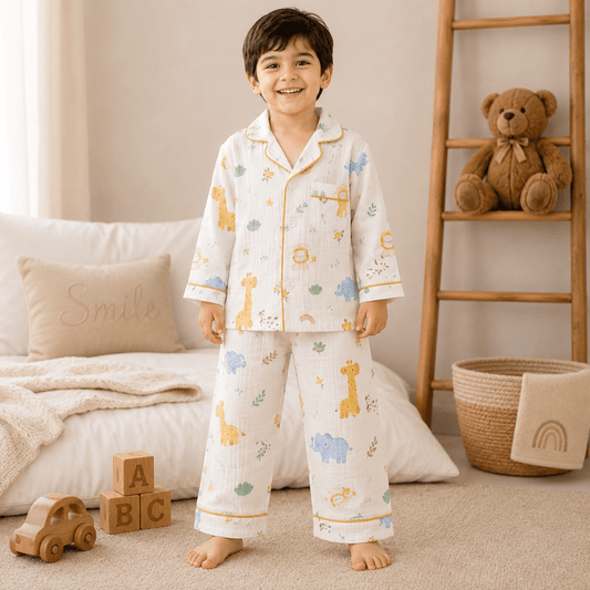 Smile Baby Premium Cotton Muslin Safari Animal Print Night Suit Set for Boys | Full Sleeve Shirt & Pajama - SMILE BABY