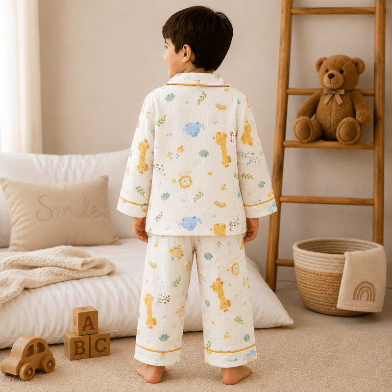 Smile Baby Premium Cotton Muslin Safari Animal Print Night Suit Set for Boys | Full Sleeve Shirt & Pajama - SMILE BABY