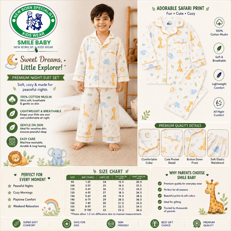 Smile Baby Premium Cotton Muslin Safari Animal Print Night Suit Set for Boys | Full Sleeve Shirt & Pajama - SMILE BABY