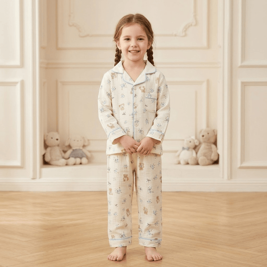 Smile Baby Premium Cotton Muslin Teddy Bear & Blue Flower Print Night Suit Set for Girls | Full Sleeve Shirt & Pajama - SMILE BABY