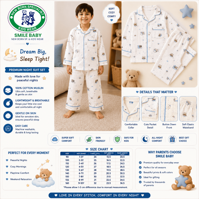 Smile Baby Premium Cotton Muslin Teddy Bear Print Night Suit Set for Boys | Full Sleeve Shirt & Pajama - SMILE BABY